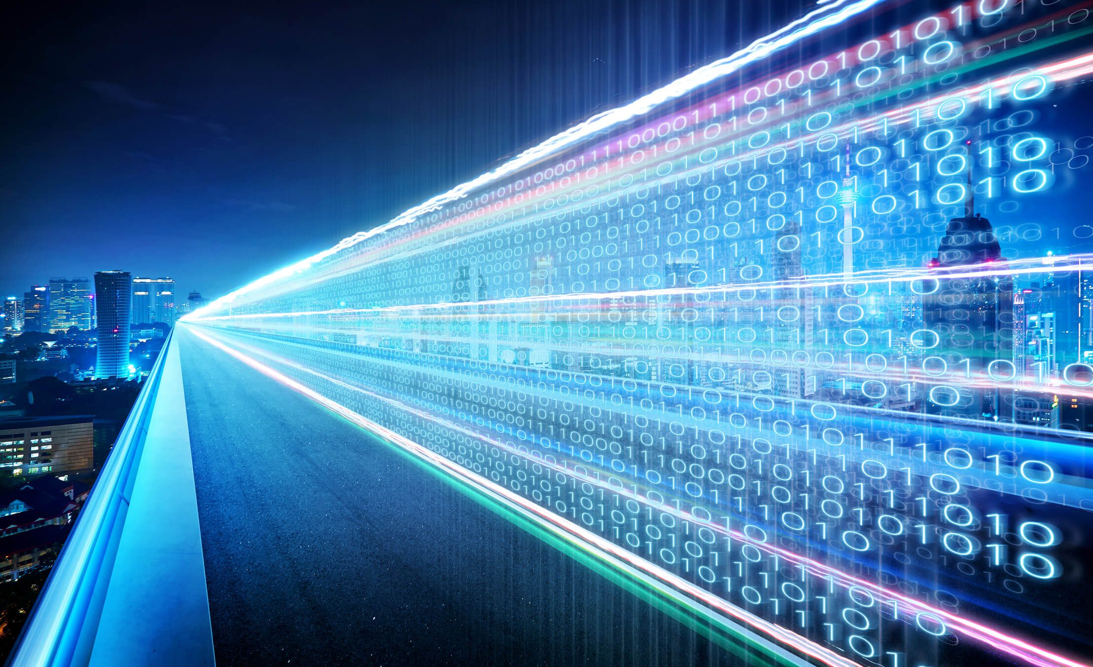 digital illustration showing a high-speed roadway overlaid with binary data to represent how performance influences machine processing and AI-driven discovery