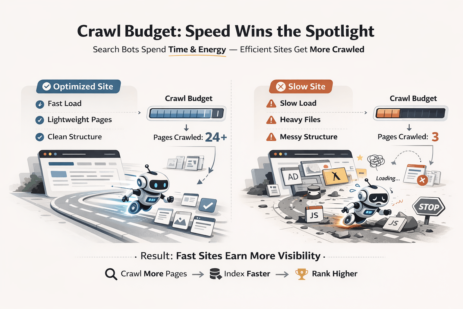 infographic comparing crawl budget usage between an optimized site and a slow site. the optimized site features fast load, lightweight pages, and clean structure, resulting in 24+ pages crawled. The slow site has slow load, heavy files, and messy structure, resulting in only 3 pages crawled. robot illustration shows a bot running freely on the optimized side versus struggling on the slow side. the conclusion states that fast sites crawl more pages, index faster, and rank higher