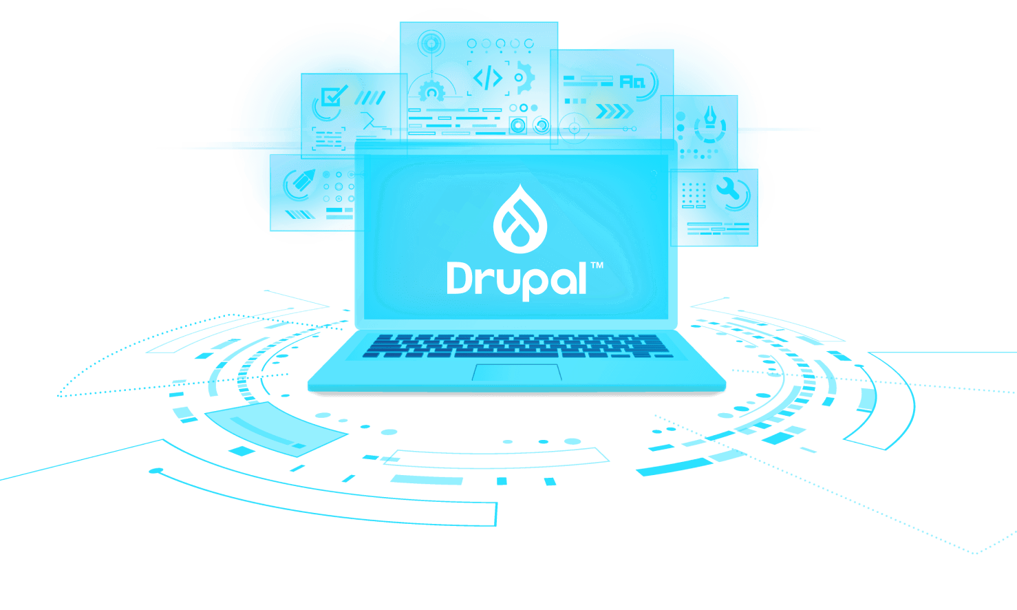 Blue laptop with the Drupal logo on the screen