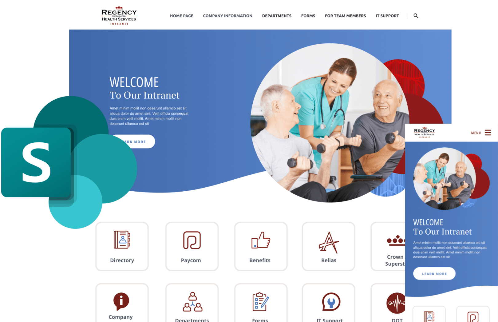 Regency Health Services web site desktop and mobile views with SharePoint logo