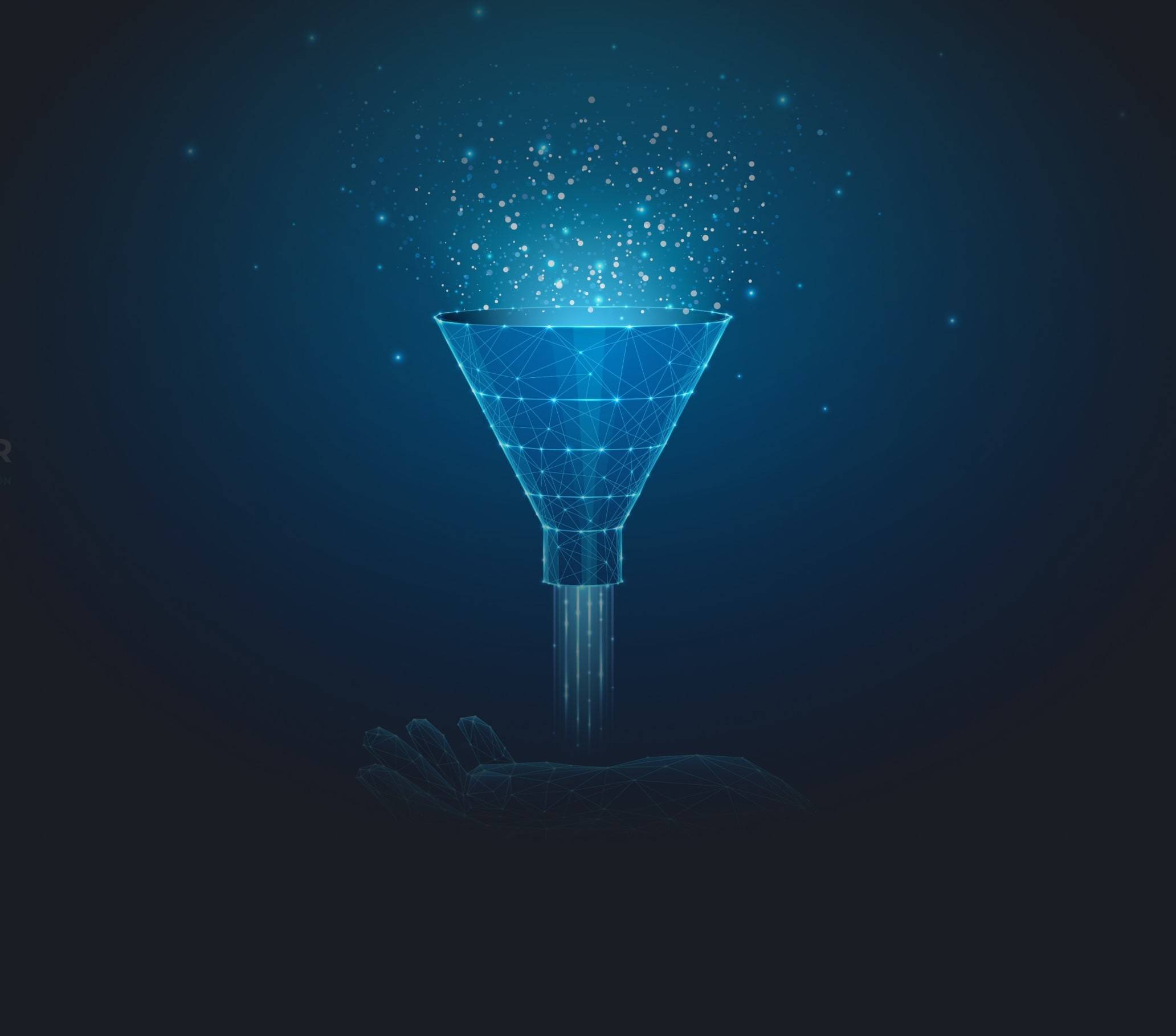 Illustration depicting data particles going through a funnel into the palm of a hand.