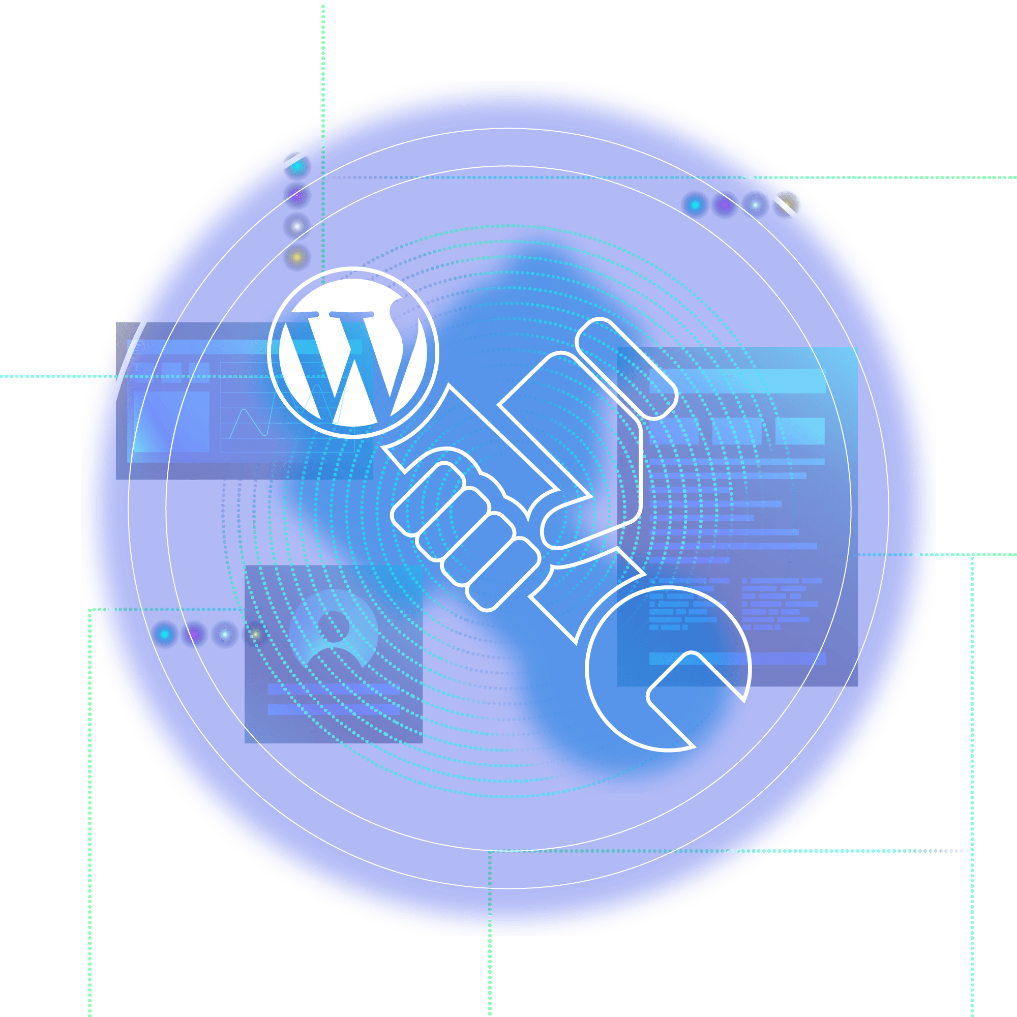 a fist holding a wrench with the WordPress logo next to it