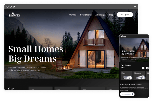 Mighty small homes website desktop and mobile screen views