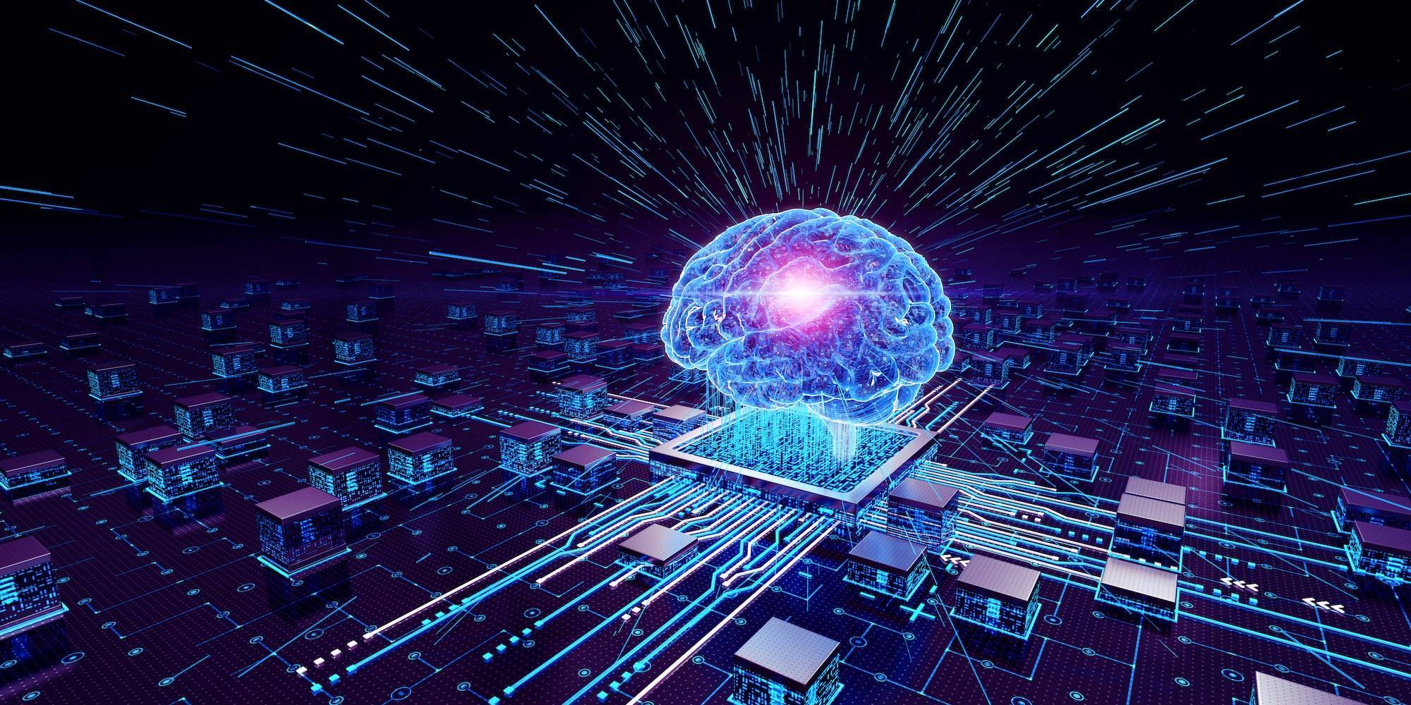 Rendering of a glowing brain on a circuit board with fast trails overhead|Brain on a circuit board|||