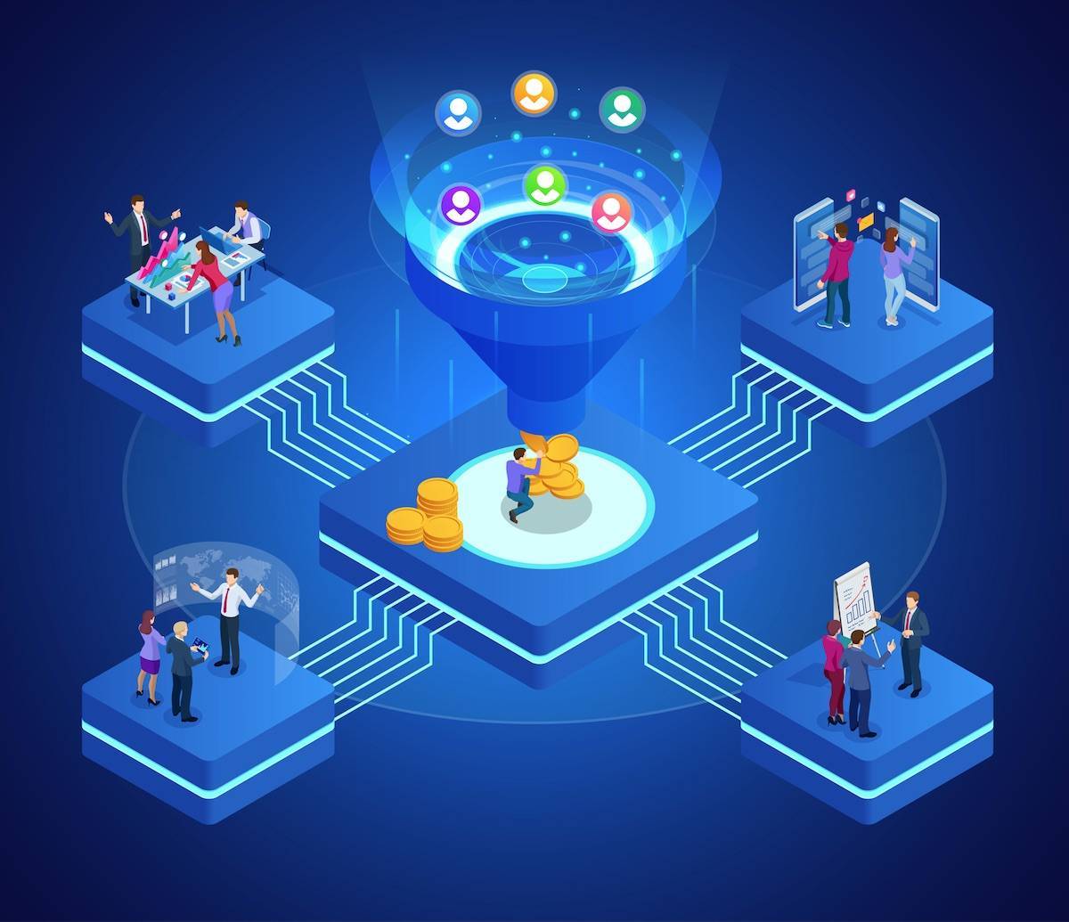 graphic illustration of multiple marketing channels feeding leads into a b2b sales funnel|Content Marketing Icon|inbound marketing icon|Social Media Strategy Icon