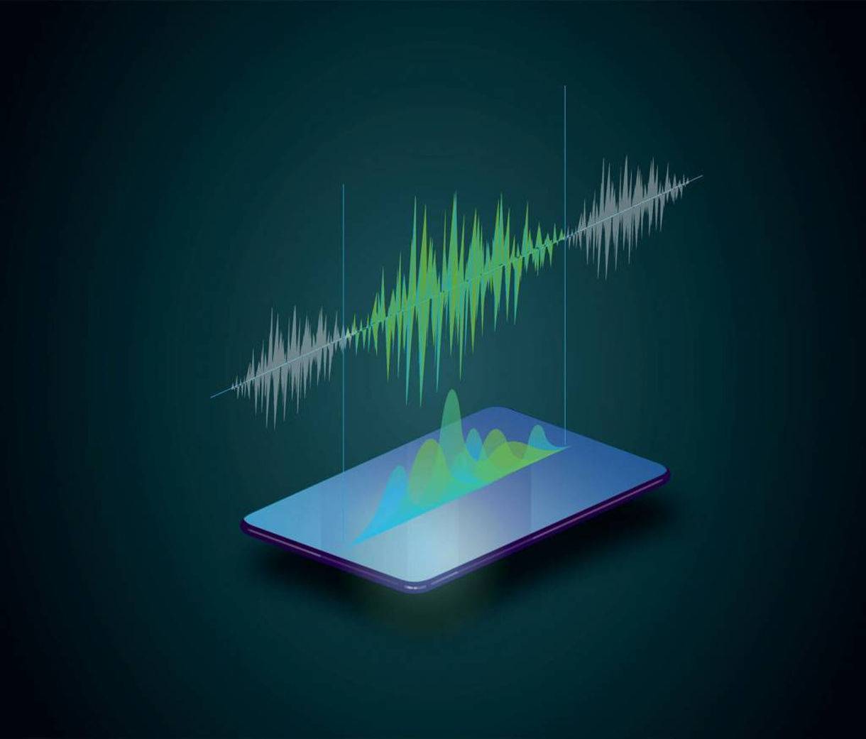 An illustration of a cell phone with a sound wave over it.|