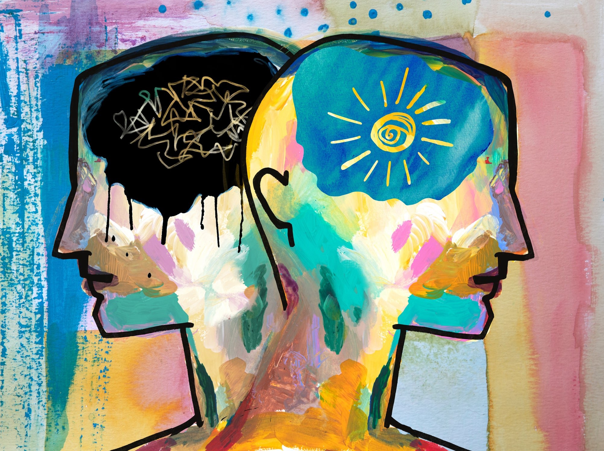 Abstract illustration of two human profiles facing opposite directions. One head contains scribbles in a black void, representing confusion or struggle, while the other shows a bright sun-like symbol on a blue background, symbolizing clarity or enlightenment. The vibrant brushstrokes and colorful patterns convey contrasting mental states.