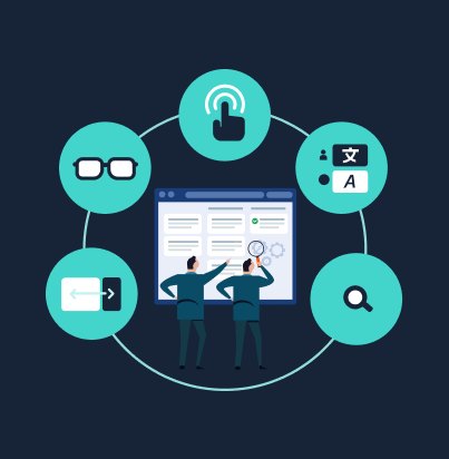 Illustration of people looking at accessible web site with icons|