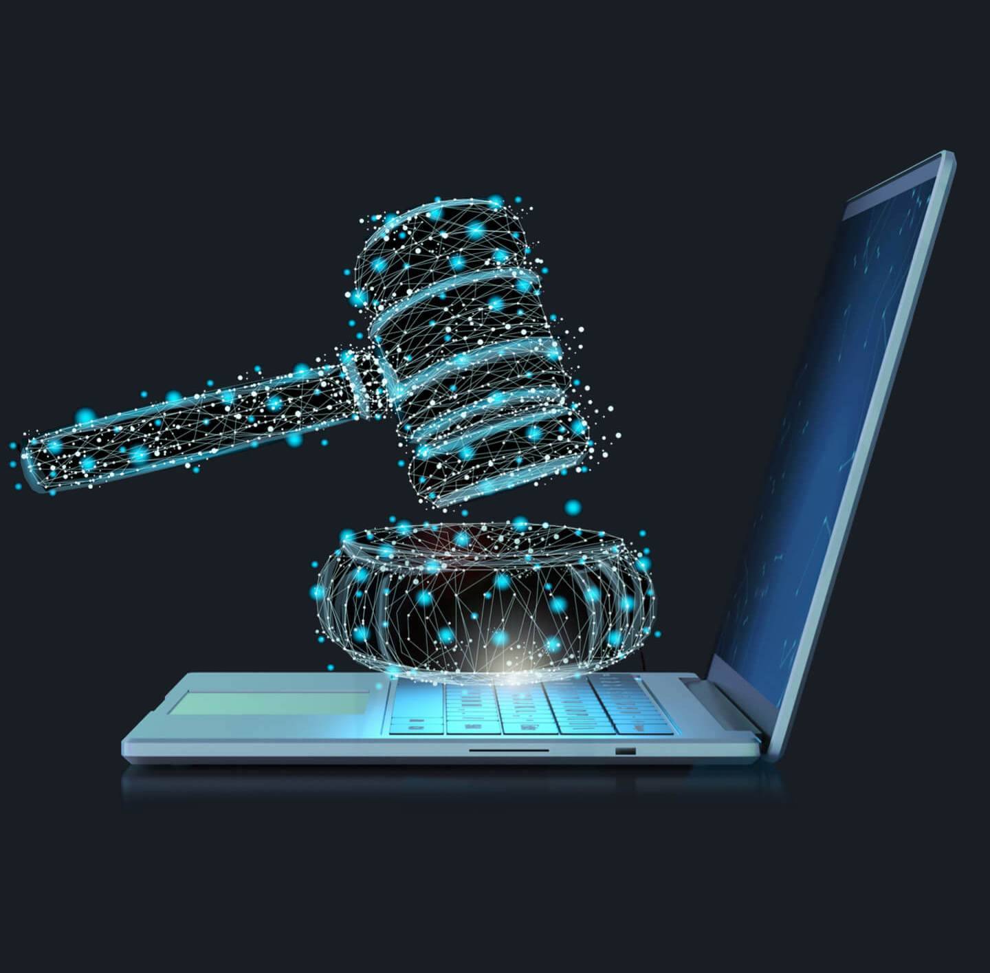 A digital gavel swinging over a laptop