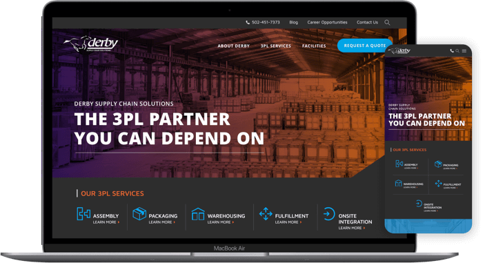 The Derby LLC home page on a laptop and cell phone.