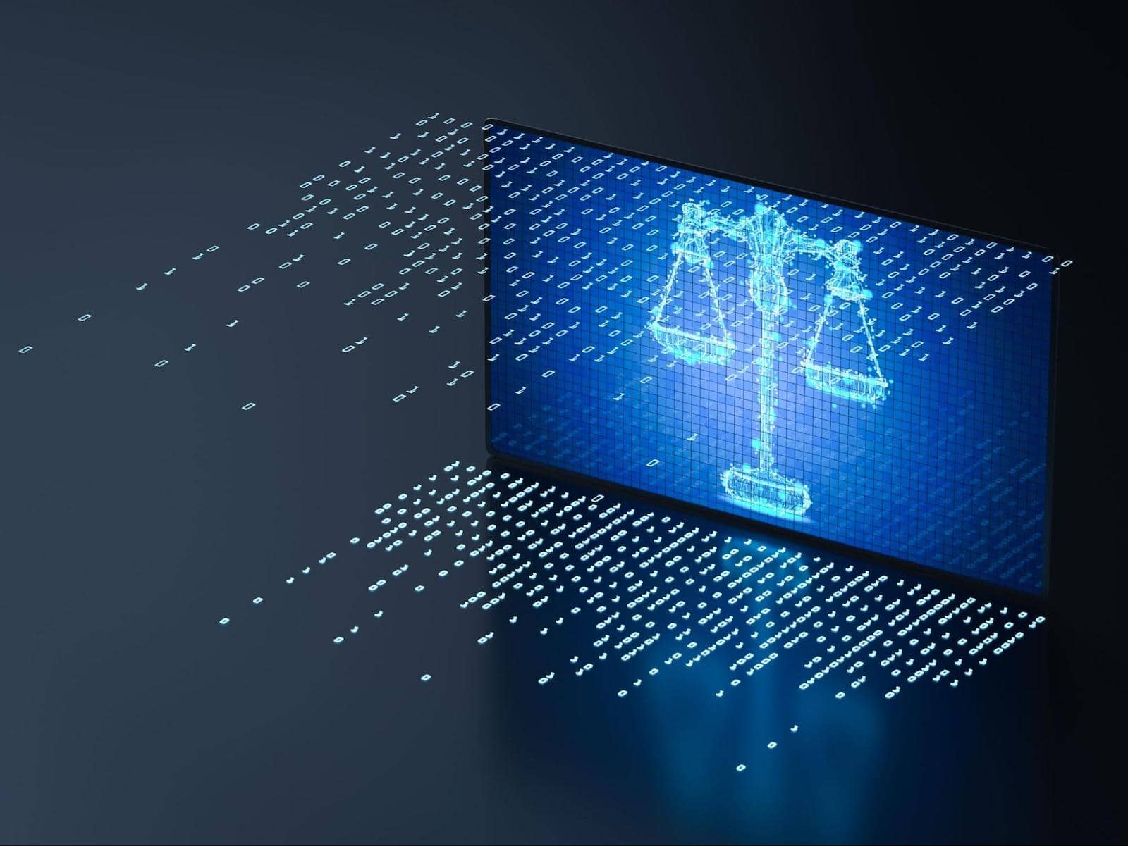 The scales of justice represented on a pixelated screen