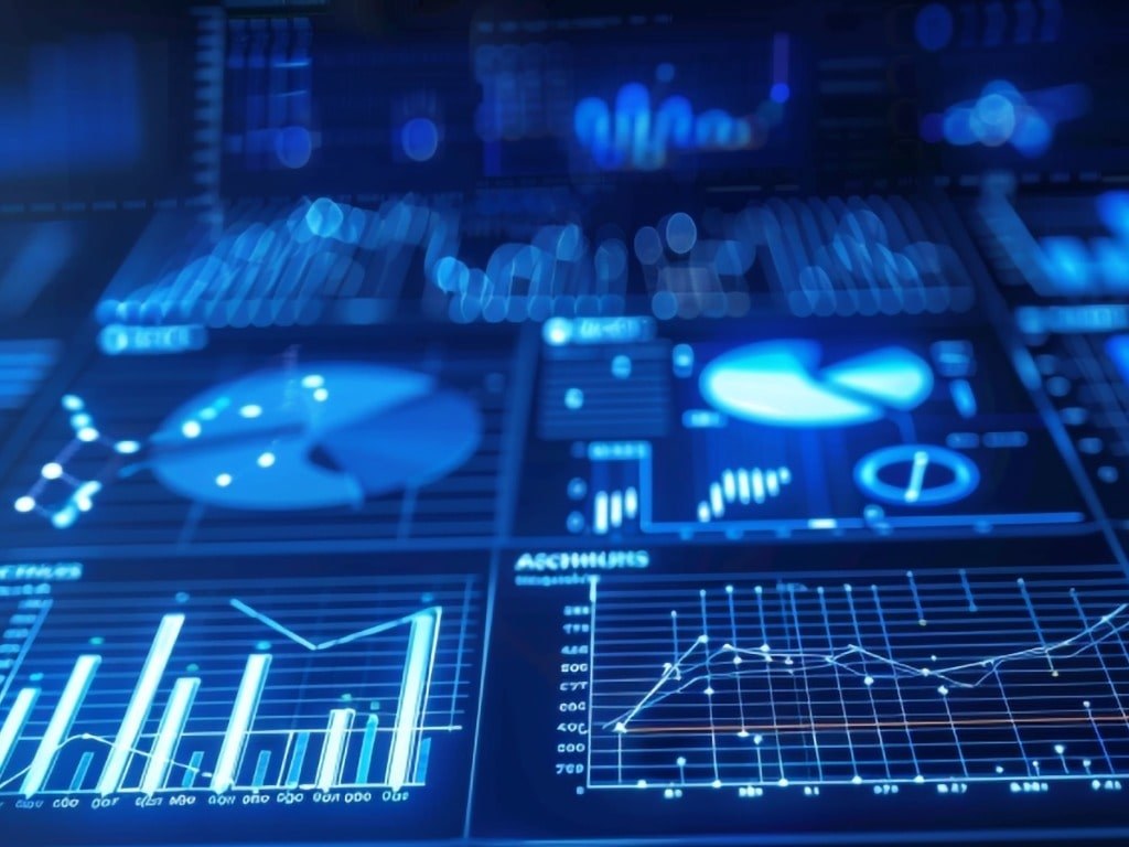 A collection of various types of statistical graphs, charts, and data visualizations in a blue-toned interface.