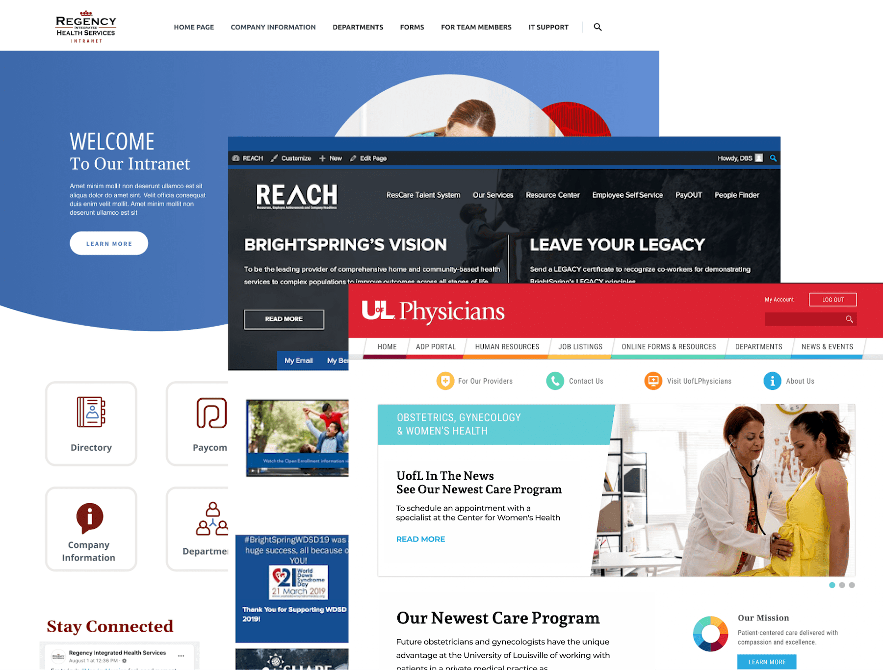 screenshots of intranets that have been custom developed by DBS Interactive for healthcare organizations