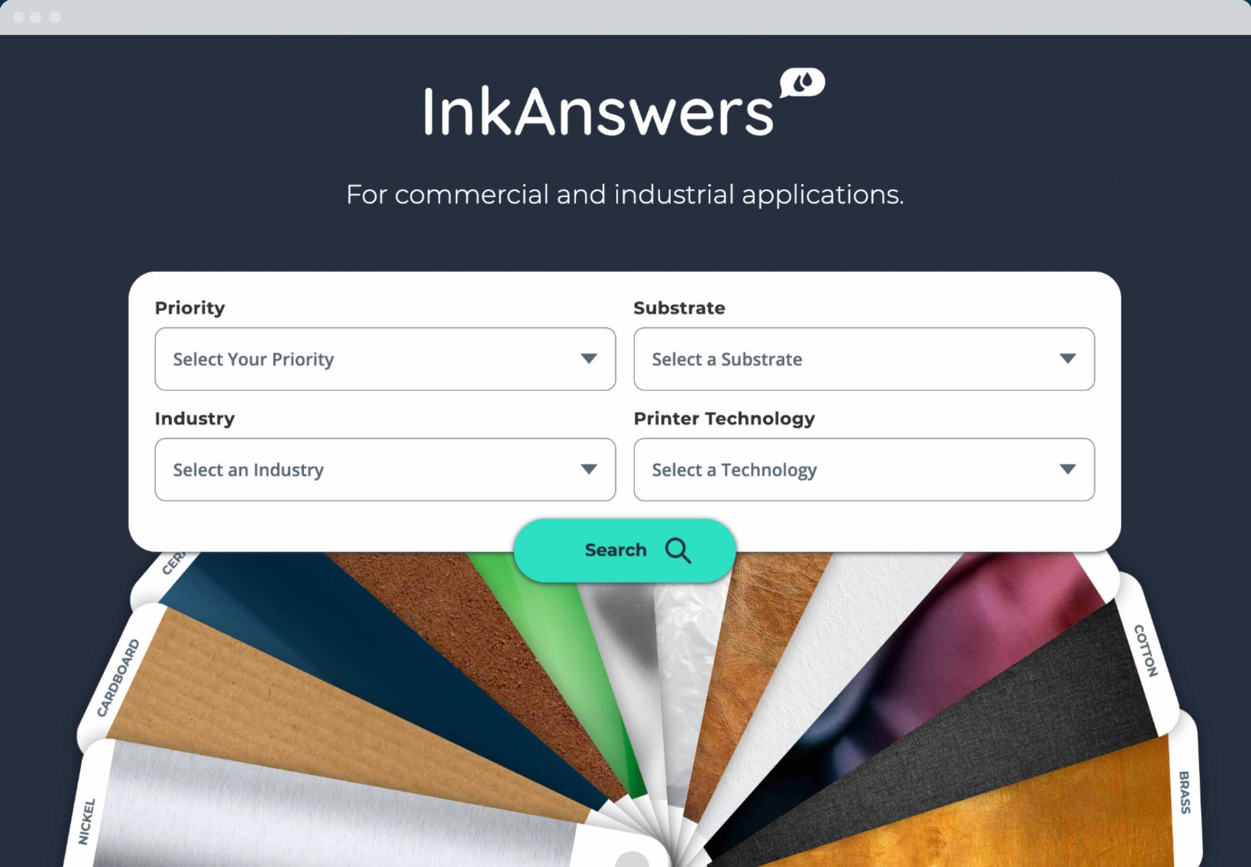 Ink Answers home page featuring an interactive index of industrial printing inks and applications