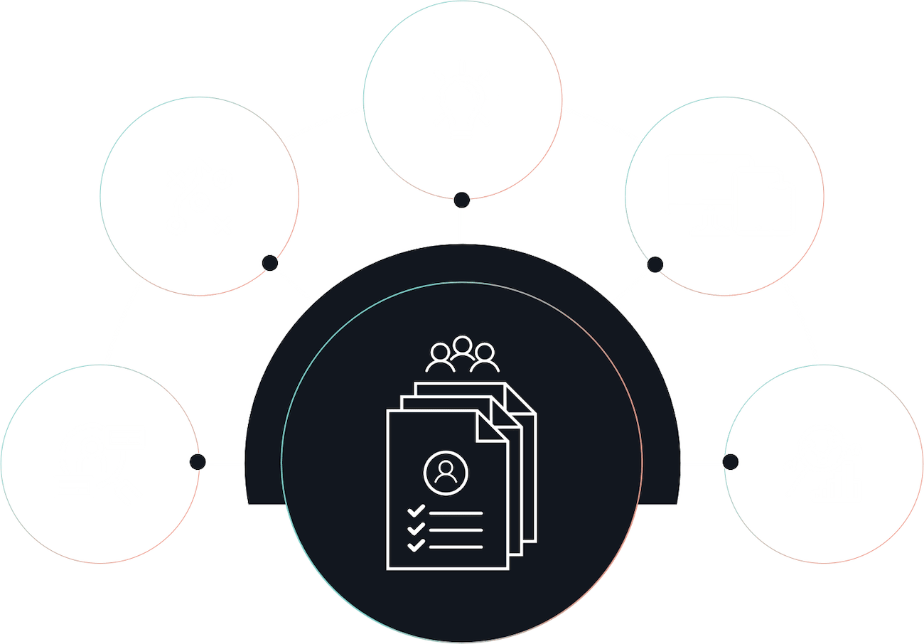 Graphic of different icons representing ideas, strategy, research, and checklists to represent the process of lead generation