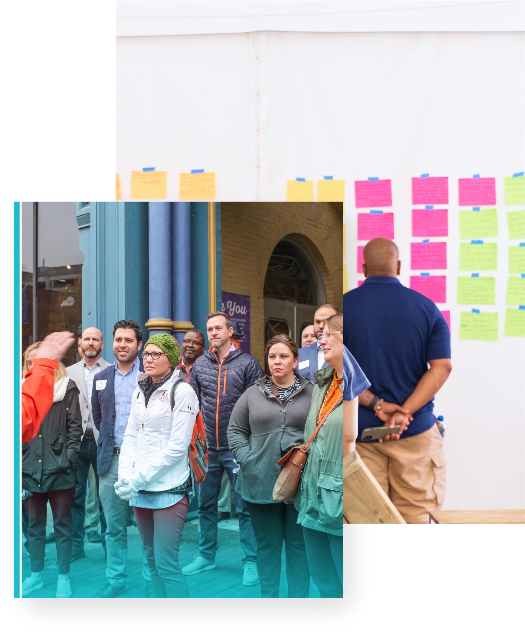 collage of people listening to a speaker and people looking at a wall of post-its