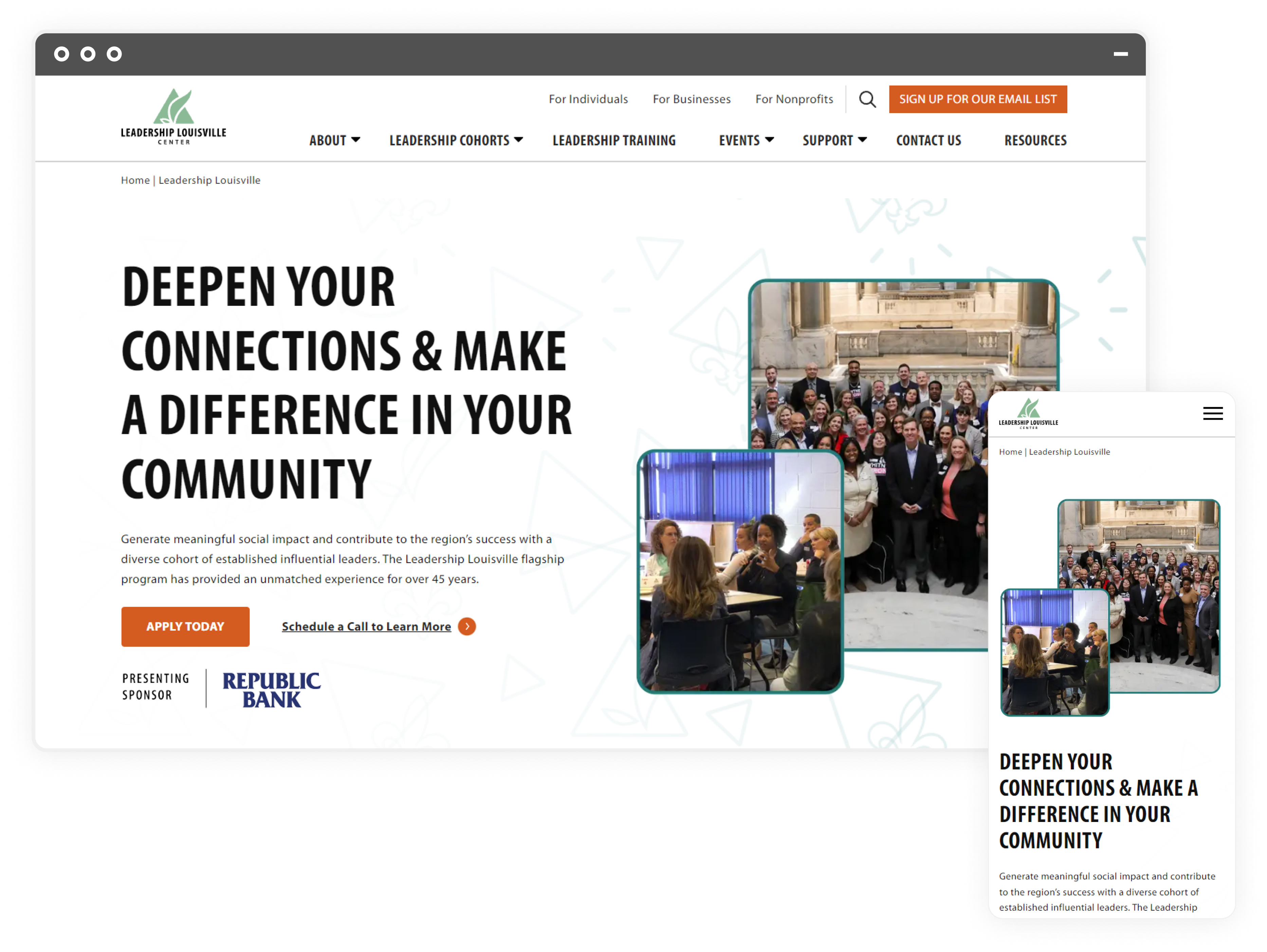 Leadership Louisville's Center's homepage and mobile view