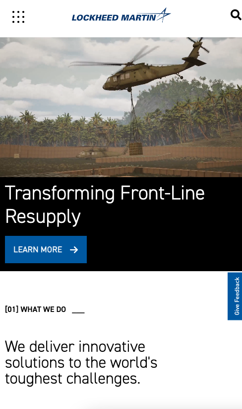 screenshot of the mobile version of Lockheed Martin's website showing how responsive design renders the website's visuals and imagery for mobile device screens