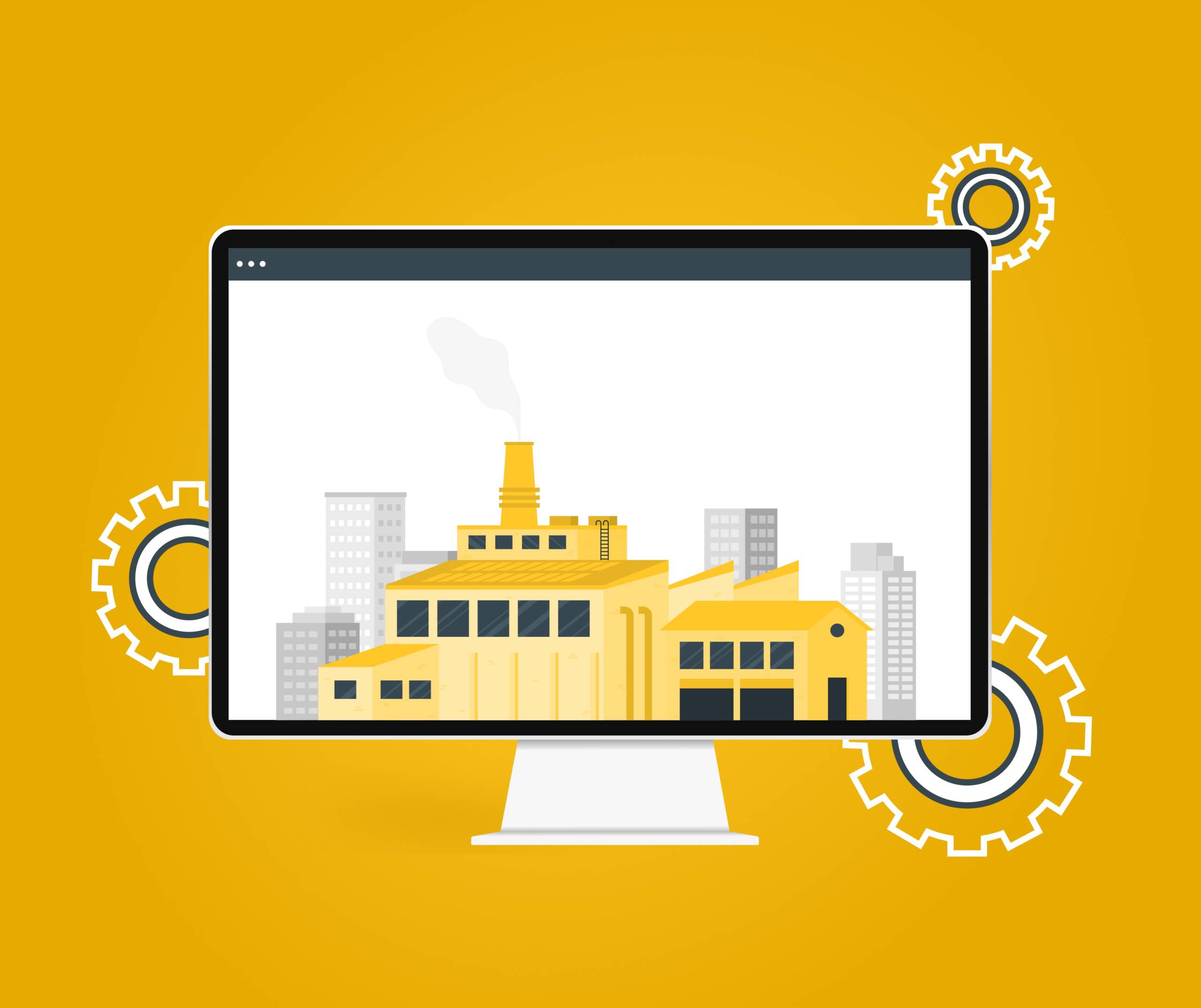 manufacturing plant graphic on a desktop computer