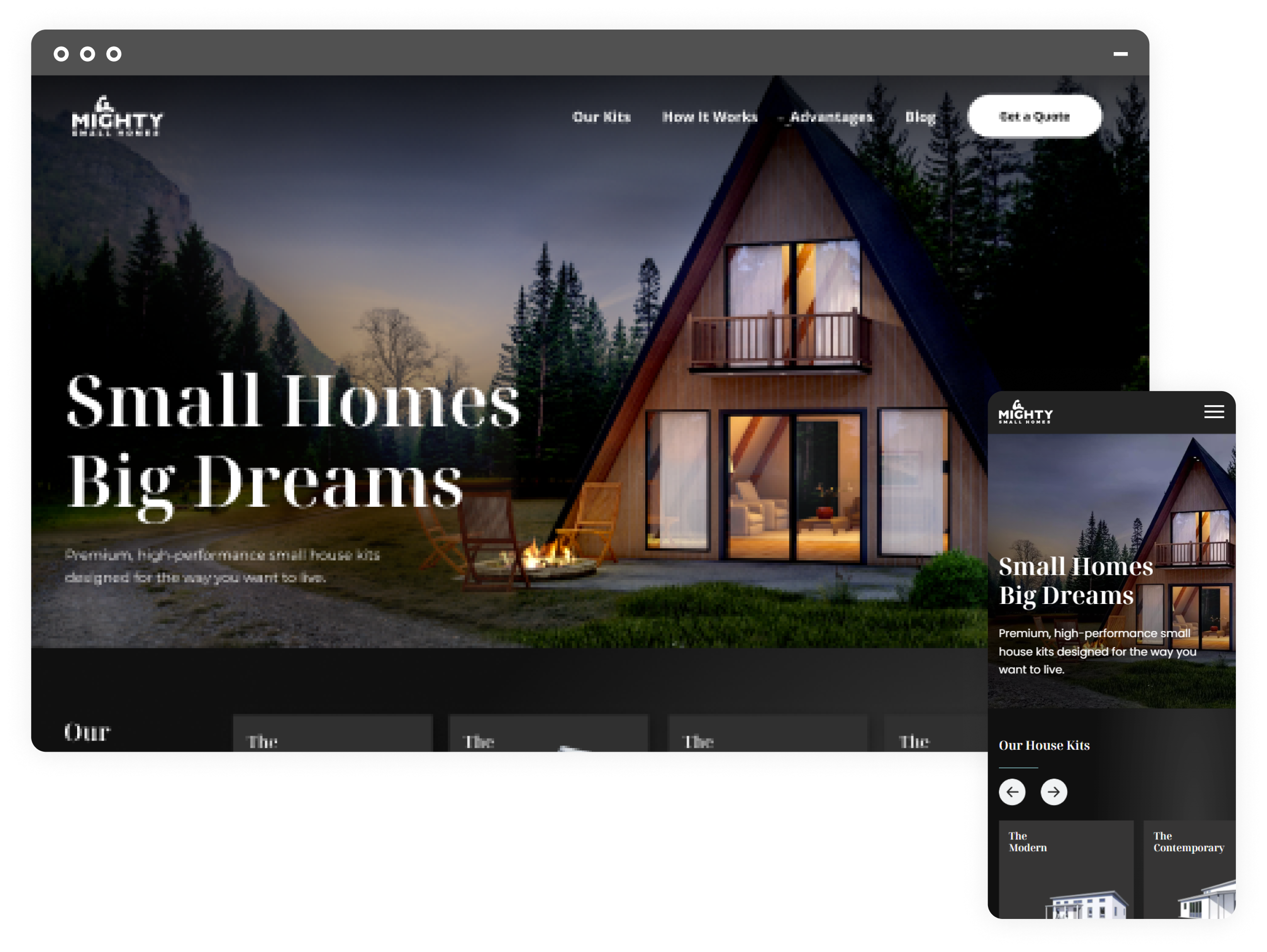 Mighty Small Homes website screenshots on mobile and desktop devices