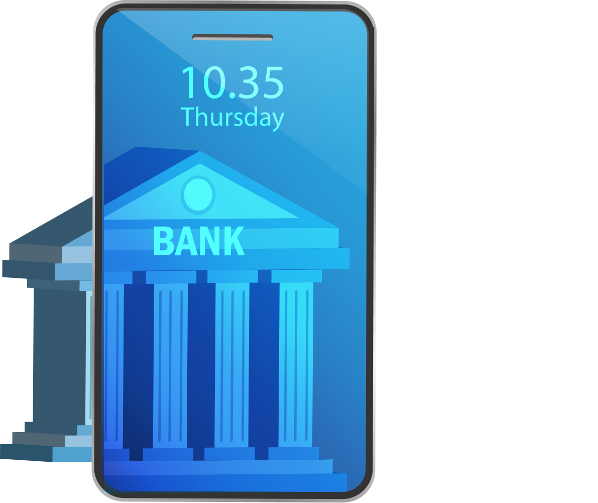 Illustration of a digital device in front of a bank