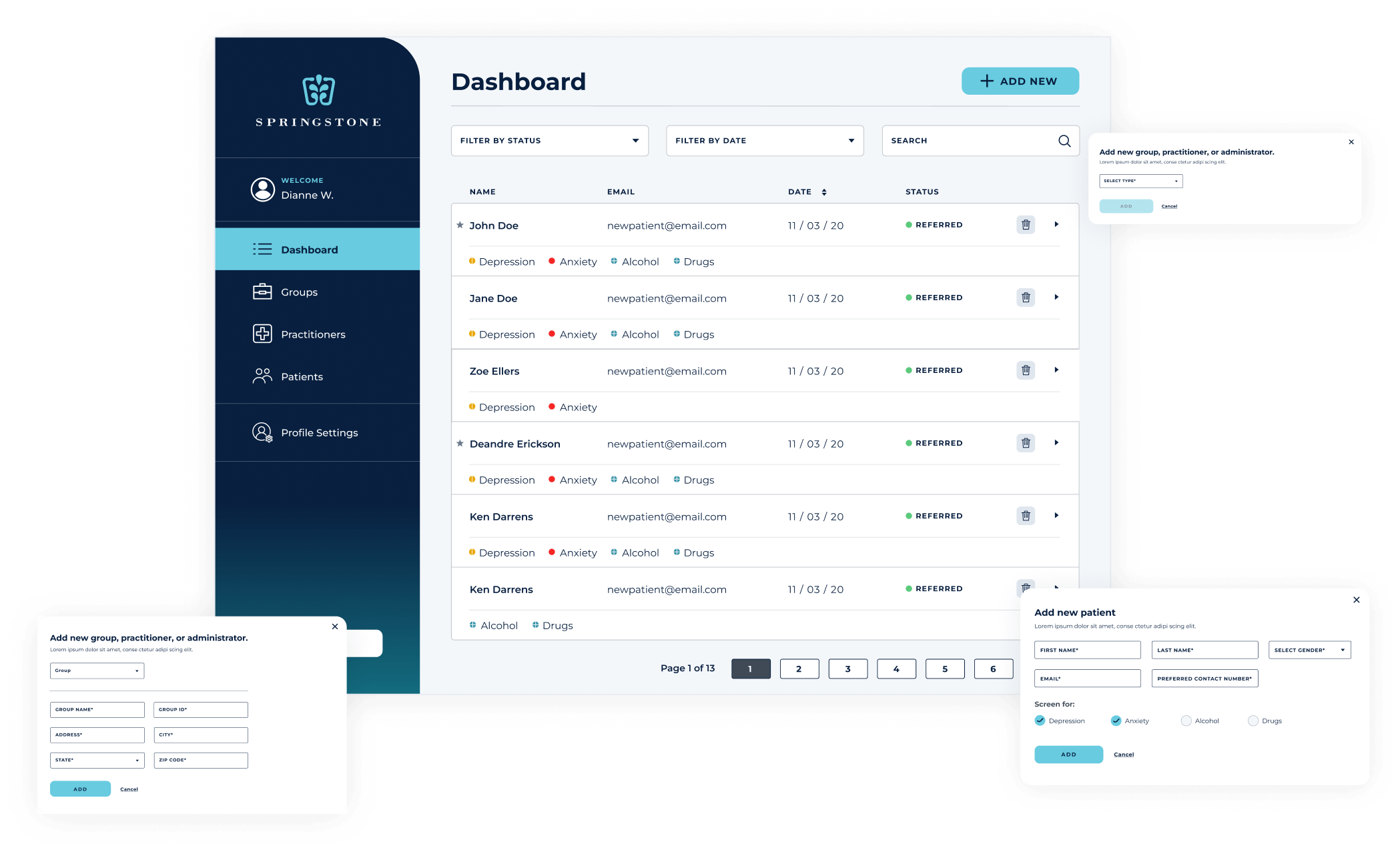 Springstone dashboard and modal examples