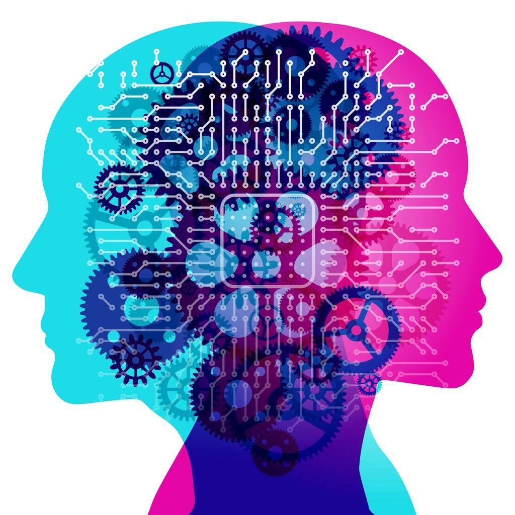 two human side by side silhouette profiles representing technical and creative components of SEO content overlaid with various semi-transparent machine gears and electronic circuit board pattern||||SEO with scalpel