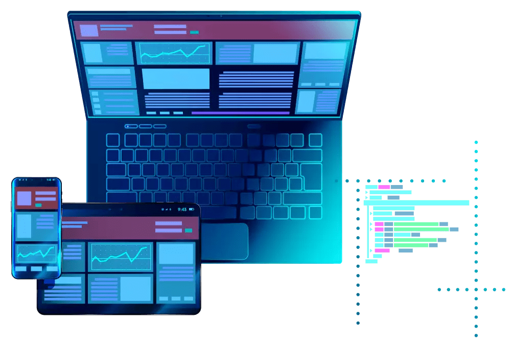 laptop, tablet, and mobile showing various windows and charts open on their screens