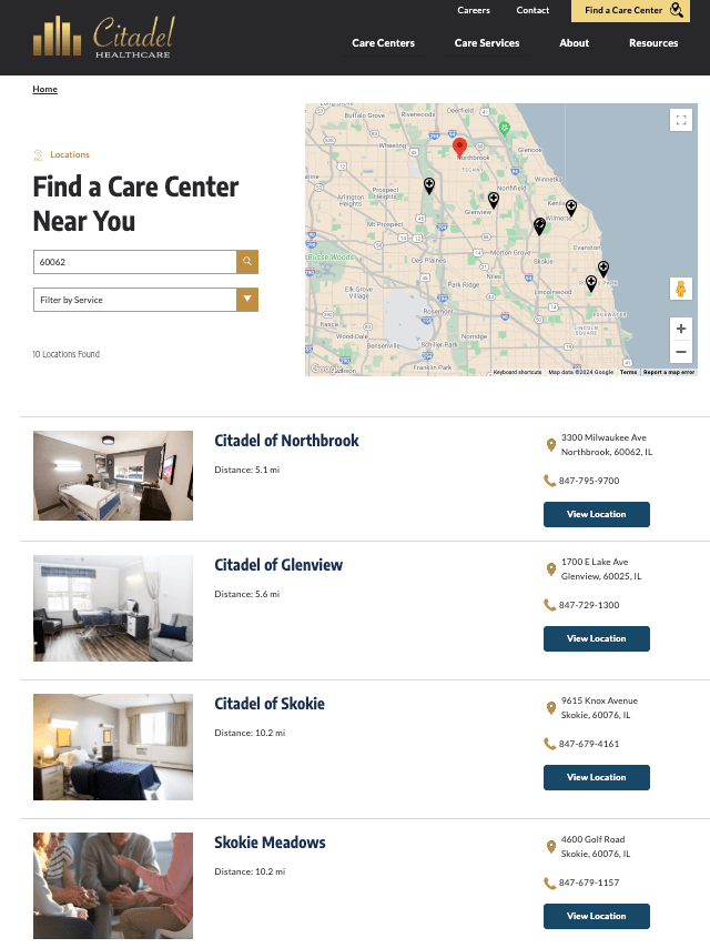 screen grab of search for locations of care centers in the citadel network