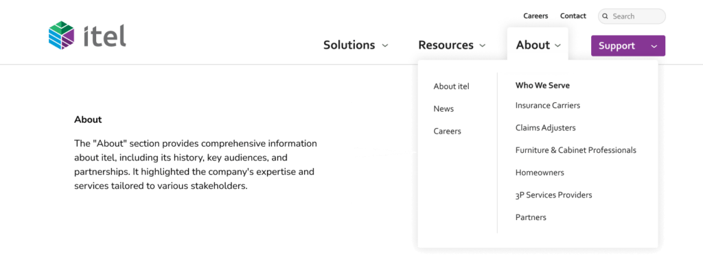 About: The "About" section provides comprehensive information about itel, including its history, key audiences, and partnerships. It highlighted the company's expertise and services tailored to various stakeholders.