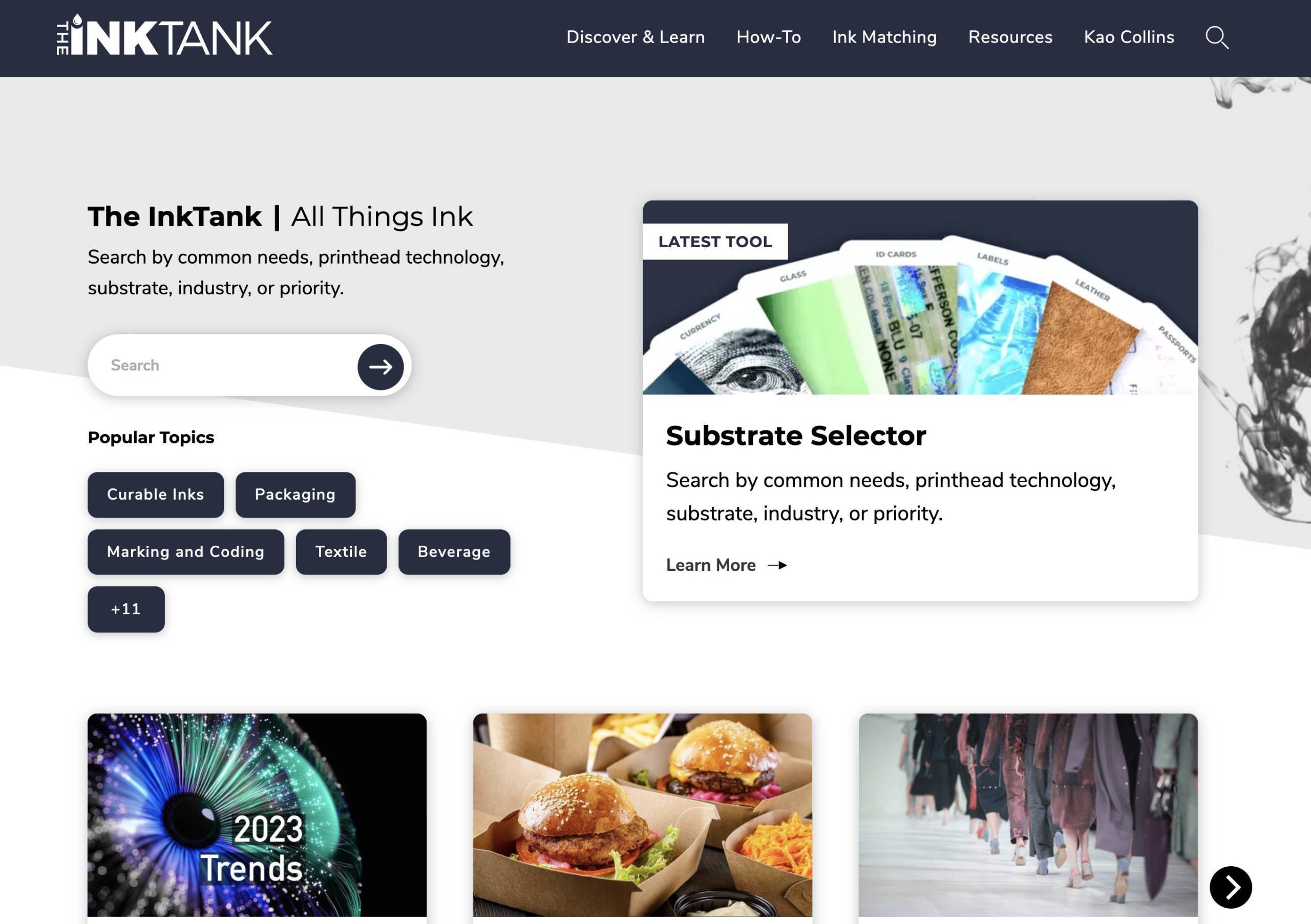 Screenshot of the Ink Tank microsite homepage showing links to articles and a selector tool for an ink index